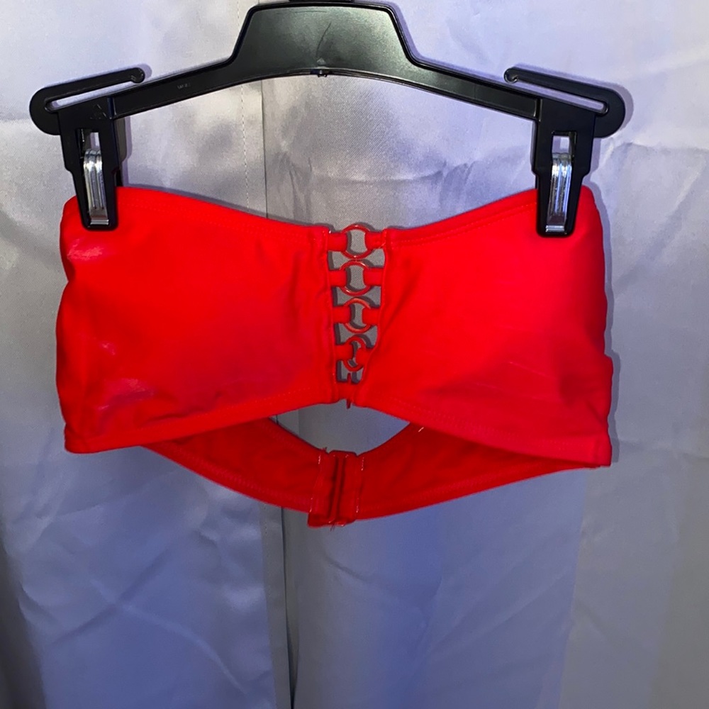 red strapless bathing suit top